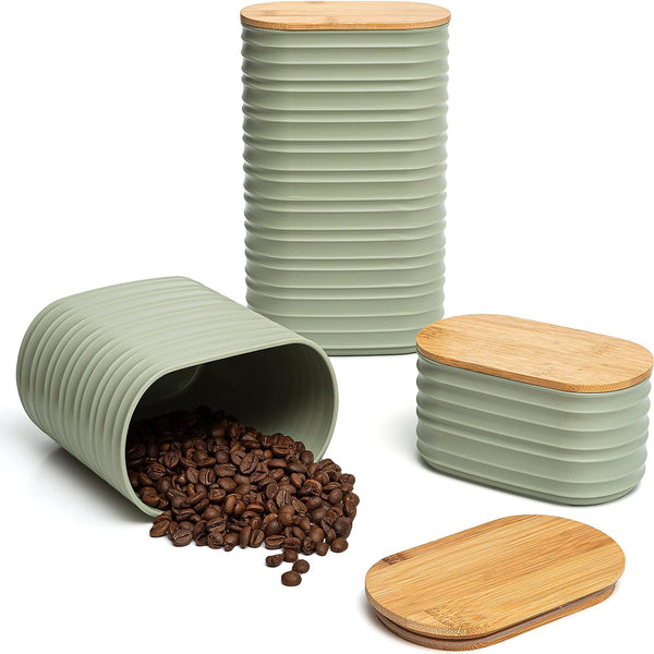Airtight Coffee and Sugar Plastic Canister Set with Bamboo Lids - Decorative Kitchen Containers for Countertop Organization