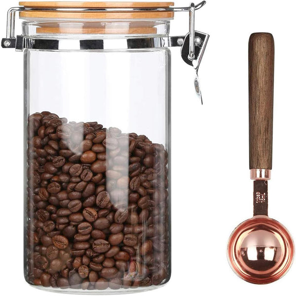 Borosilicate Glass Coffee Bean Storage Container - Airtight Sealed Jar with Locking Clamp Lid & Spoon for Beans, Nuts, and More - 40 Fluid-Oz Capacity