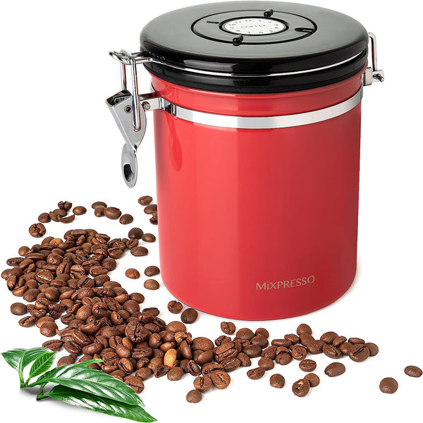 Red Stainless Steel Airtight Coffee Container with Date Tracking - Vacuum Sealed Coffee Jar, 16 Ounces Capacity for Ground Coffee
