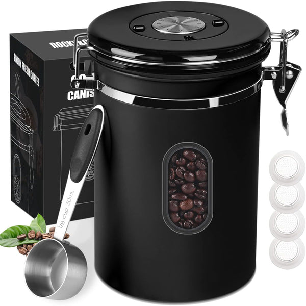 1KG Airtight Stainless Steel Canister with Date Tracker, Transparent Window, and Bonus Accessories - Perfect for Coffee, Tea, and More
