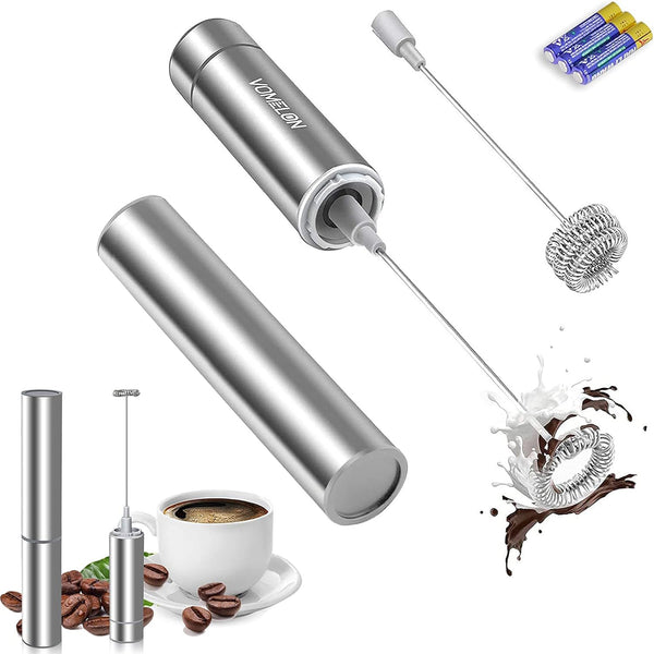 Handheld Milk Frother - Battery Operated Travel Companion for Creamy Hot Chocolate & More, Includes 2 Stainless Steel Whisks in Sleek Silver Design
