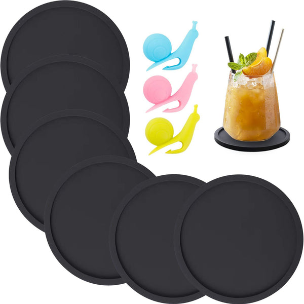 Silicone Coasters - Coasters for Drinks 6 Set - Non-Slip Cup Coasters (Black)