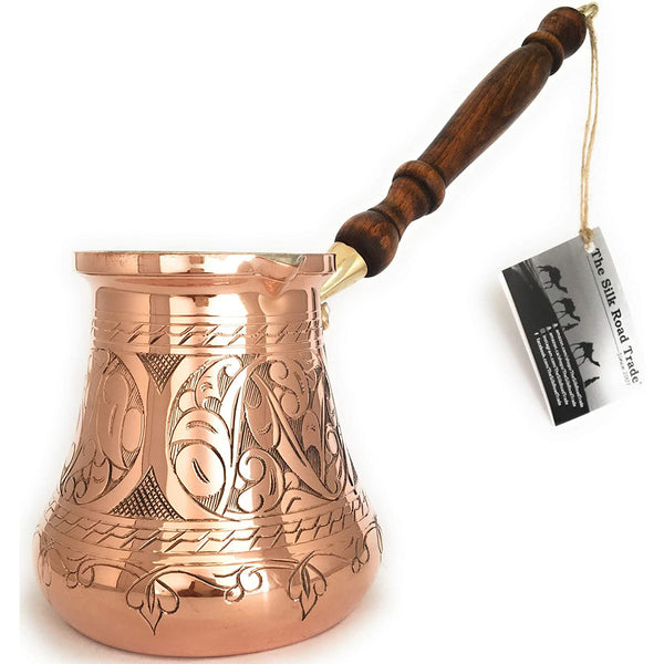(XXLarge) - Thickest Solid Copper Engraved and Hammered Turkish Greek Arabic Coffee Pot Wooden Handle Heavy Duty, (28 fl oz)