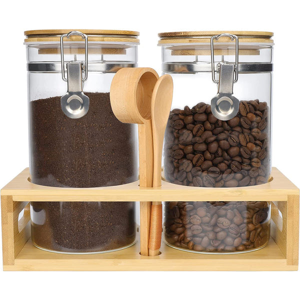 Glass Coffee Containers with Airtight Locking Clamp Bamboo Lids, 2Pcs 45oz - Large Capacity Glass Food Storage Jars