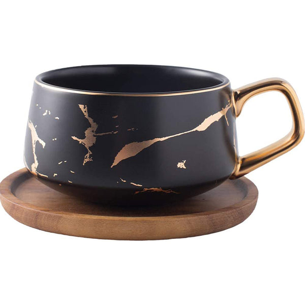 Luxury Golden Marble 10.5 Oz Matte Ceramic Latte Coffee Cups with Wood Saucers (Black, Cup & Saucer)