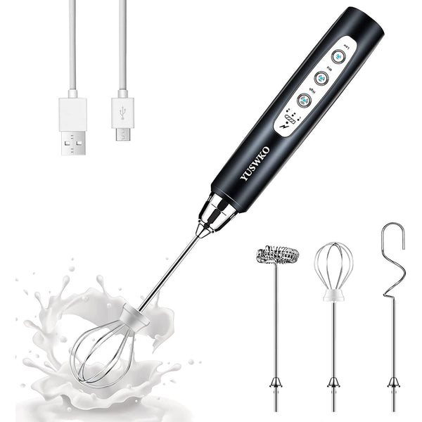 Milk Frother Handheld with 3 Heads, Coffee Whisk Foam Mixer with USB Rechargeable 3 Speeds - Black