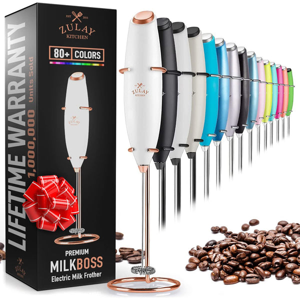 Original Milk Frother Handheld Foam Maker for Lattes - Whisk Drink Mixer for Coffee - (Exec White with Rose Gold Stand)