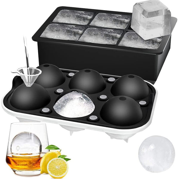 Ice Cube Trays (Set of 2), Sphere Ice Ball Maker with Lid & Large Square Ice Cube Maker for Whiskey, Cocktails and Homemade