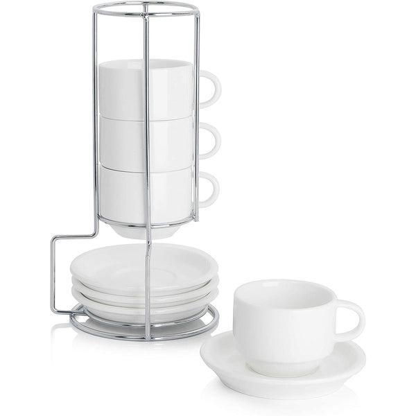 Porcelain Stackable Espresso Cups with Saucers and Metal Stand Set of 4, White - 2.5 Ounce