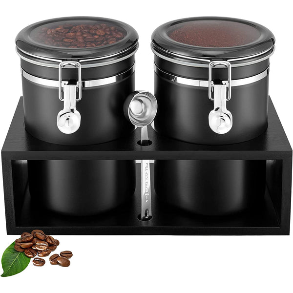 Stainless Steel Coffee Containers with Shelf - Coffee Bean Storage with Airtight Locking Clamp and Spoon - Large Capacity Food Storage Jar for Kitchen
