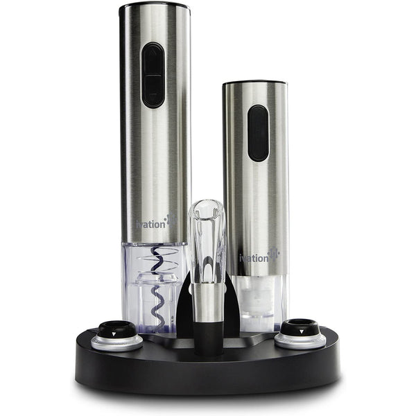 Stainless Steel Electric Wine Opener with Wine Aerator, Vacuum Wine Preserver, Foil Cutter & LED Charging Base