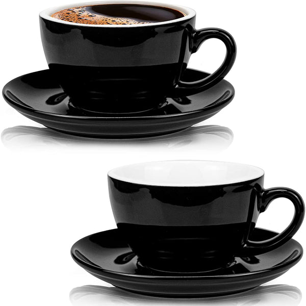 2 Pack 10 oz Coffee Cup and Saucer - Ceramic Glossy Black Cappuccino Cups with Saucers for Coffee Shop and Barista - Perfect for Specialty Coffee Drinks