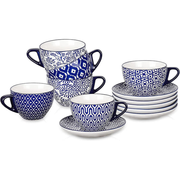 Ceramic 8 oz Cappuccino Cup Set with Saucers, Set of 6, Vintage Blue