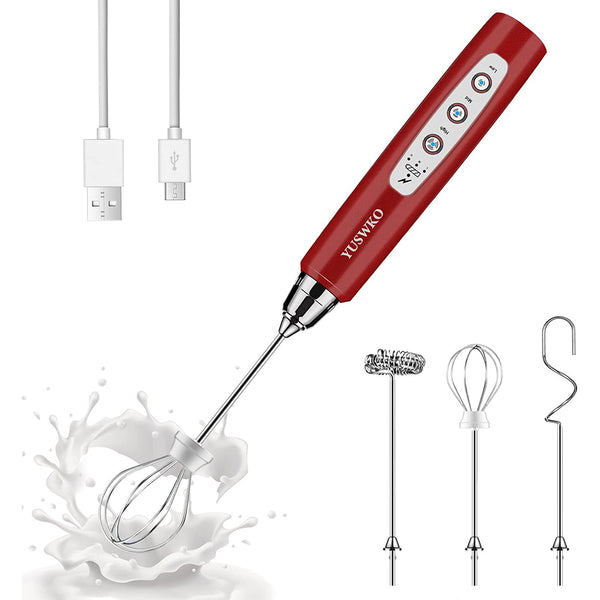 Milk Frother Handheld with 3 Heads, Coffee Whisk Foam Mixer with USB Rechargeable 3 Speeds, Electric Mini Hand Blender - Red