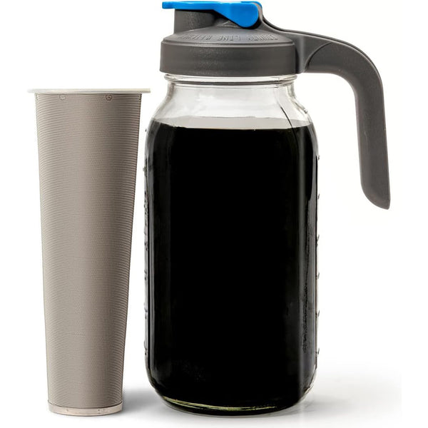 Cold Brew Mason Jar Iced Coffee Maker - 64 oz (2 Quart / 1.9 Liter), With Handle