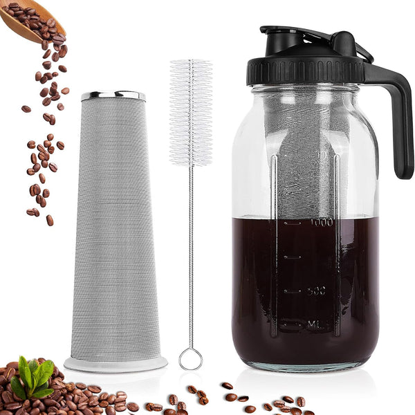 64 oz Wide Mouth Mason Jar Cold Brew Coffee Maker - Stainless Steel Filter, Airtight Lid with Pour Spout Handle, Heavy Duty Glass Pitcher for Perfect Iced Coffee, Tea, and Lemonade