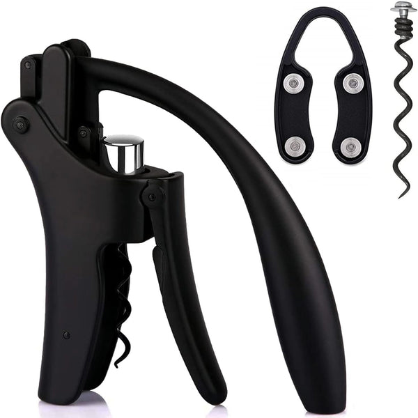 Effortless Vertical Lever Corkscrew - Compact Wine Opener with Foil Cutter & Extra Screw Included