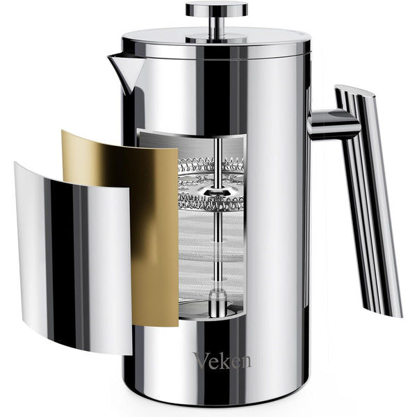 34 Ounce French Press Plunger Coffee Tea Maker - Double Wall Vacuum Insulated Stainless Steel for Camping Adventures, Includes 4 Filter Screens, Dishwasher Safe in Sleek Silver Design