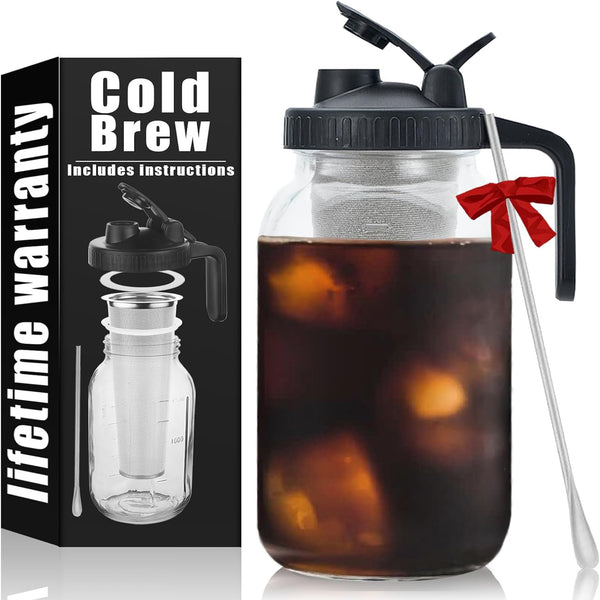 64oz Cold Brew Mason Coffee Maker - Complete with Stainless Steel Mixing Spoon & Ultra-Fine Filter for Smooth Cold Brews! BPA-Free Mason Jar Pitcher for Effortless Brewing and Cleaning