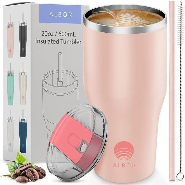 Pink 20oz Insulated Coffee Tumbler with Lid & Straw - Leak Proof Stainless Steel Travel Mug