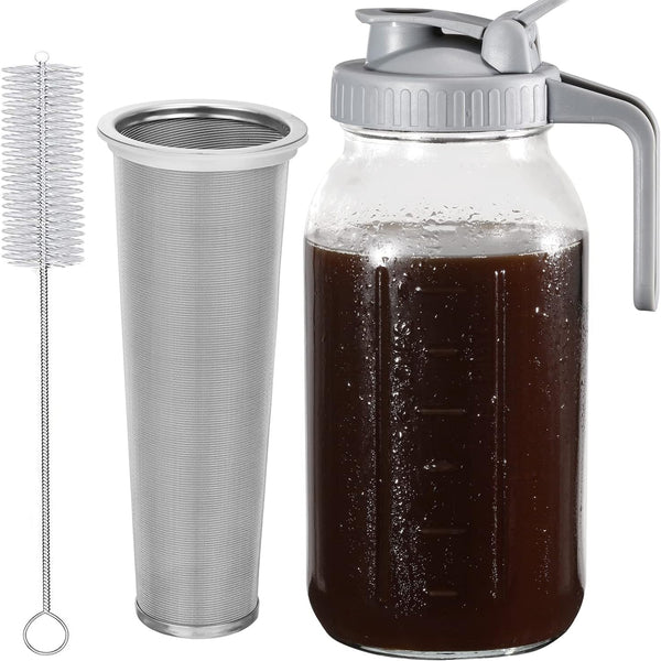 64 Oz Cold Brew Coffee Maker Pitcher - Heavy Duty Glass Mason Jar with Pour Spout Lid and Stainless Steel Filter, Perfect for Iced Coffee, Lemonade, Fruit Drinks, and Sun Tea
