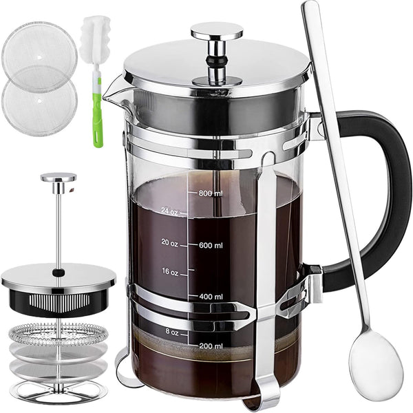 34 oz French Press Coffee Maker with 4 Filters - Durable Stainless Steel and Heat-Resistant Borosilicate Glass, BPA Free, Silver (Includes Cleaning Brush, Spoon, and 2 Spare Filter Screens)