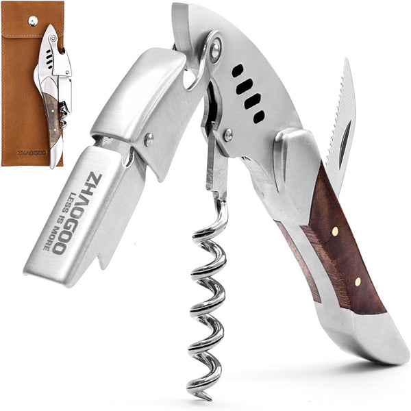 Shark-Shaped Waiter Corkscrew - Stainless Steel Wine Opener with Wooden Handle and Vintage Cowhide Cover