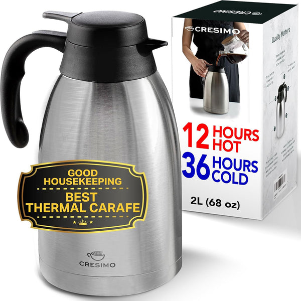 68oz / 2L Thermal Coffee Carafe - Insulated Stainless Steel Double Walled Vacuum Flask - Coffee Carafes For Keeping Hot Coffee & Tea For 12 Hours