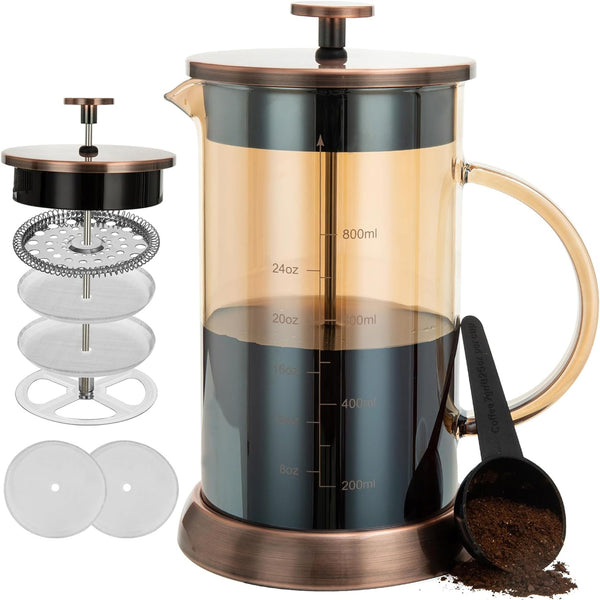 34 Ounce French Press Coffee Maker - 5-Cup Espresso and Cold Brew Brewer, Enhanced with Copper Accents and Thickened Borosilicate Glass, Includes 4 Stainless Steel Filter Screens