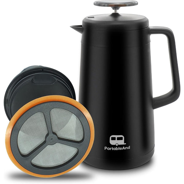 34oz Double Vacuum Insulation Silicone French Press - Stainless Steel Coffee Maker for Camping, Travel, and Home Use in Matte Black