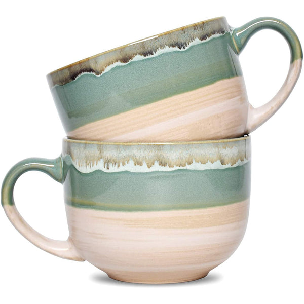 Large Ceramic Coffee Mug Set of 2, Stoneware Mugs for Office and Home - 16 Oz, (Green, 2)