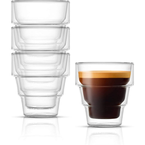 Double-Walled Espresso Glasses - Set of 4 Espresso Cups 3 Ounce Capacity - Stackable Thermal Clear Glass Cups