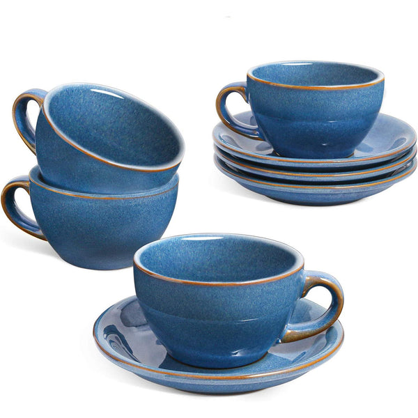 6 oz Cappuccino Cups with Saucers, Ceramic Coffee Cup - Set of 4, Ceylon Blue