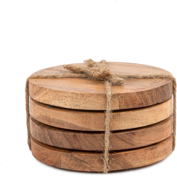 Acacia Wood Round Coasters - Home & Office Decor - Housewarming Gift (Set of 4) (4" x 4" X 0.5")