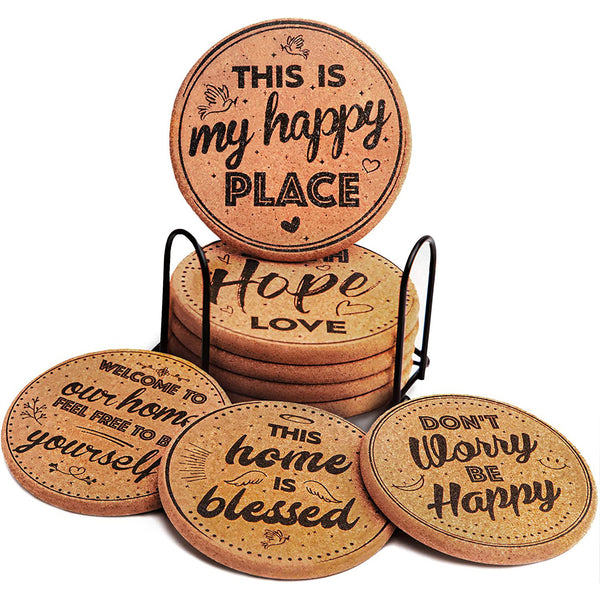 Cork Coasters for Drinks Absorbent with Holder - Cute & Funny Set of 8 Large Round Outdoor Cup Coasters for Wooden Table Protection, Coffee Trivet, Cups and Mugs