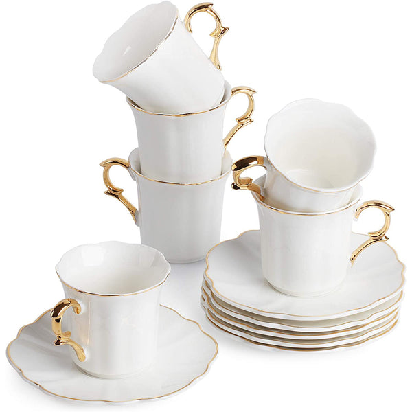 Small Espresso Cups and Saucers - Set of 6 Demitasse Cups (2.4 oz) with Gold Trim and Gift Box