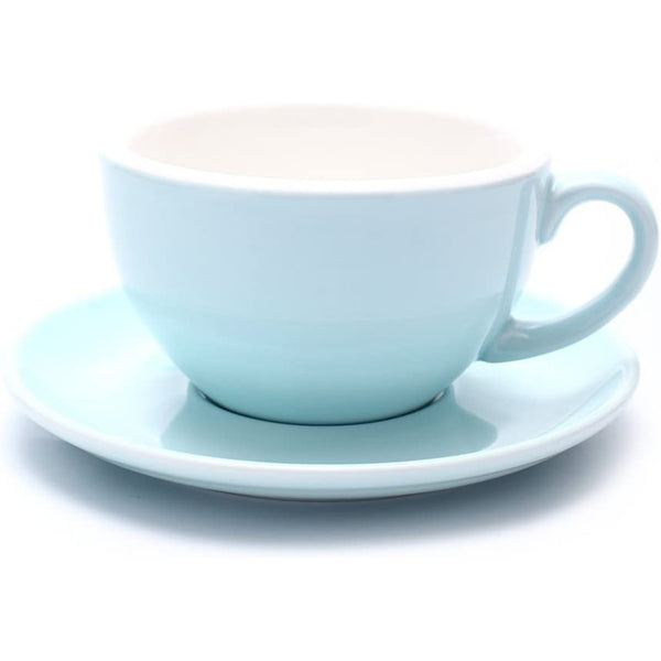 Latte Art Cup and Saucer for Latte & Cappuccino - Great Cup Shape for Coffee Shop and Barista - Glossy Light Blue, 10.5 oz