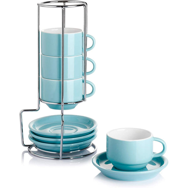 Porcelain Stackable Espresso Cups with Saucers and Metal Stand Set of 4, Turquoise - 4 Ounce