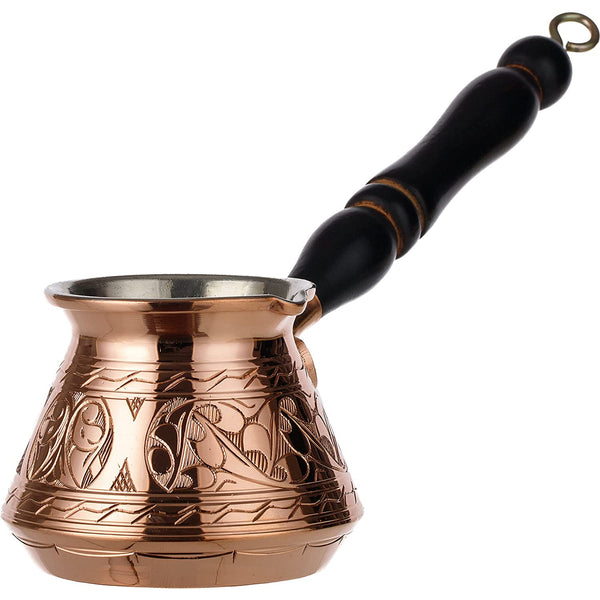 2mm Thickest Copper Turkish, Greek, Arabic Coffee - Coffee Maker Cezve with Wooden Handle & Spoon, for 3 People (Copper)