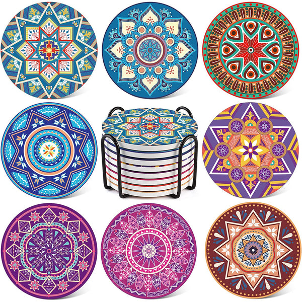 8 Packs Absorbent Drink Coaster Sets - Mandala Style Ceramic Coasters with Holder