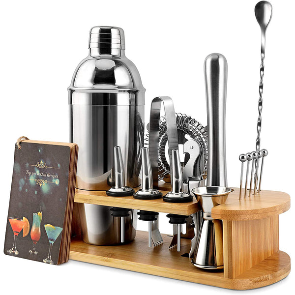 Bartender Kit, 16-Piece Stainless Steel Cocktail Shaker Set with Stylish Bamboo Stand
