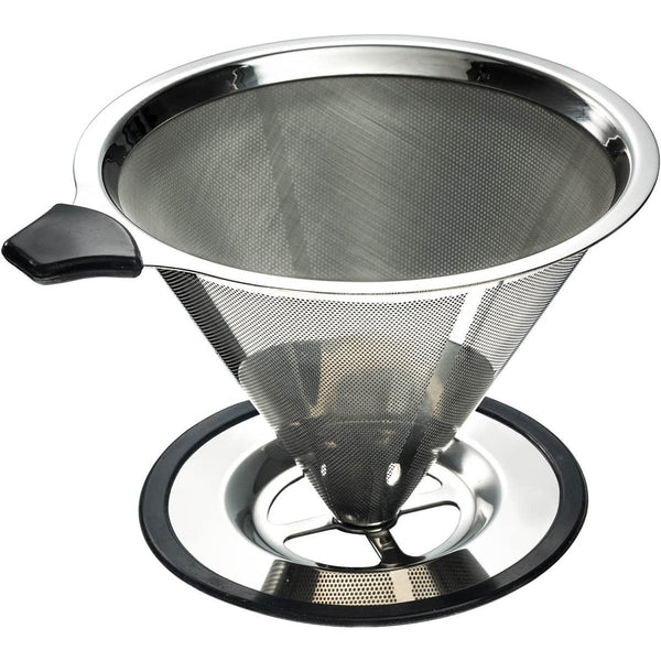 Stainless Steel Pour Over Coffee Cone Dripper with Cup Stand - Paperless and Reusable - BONUS: Coffee Scooping Spoon + Cleaning Brush - [1-4 Cup]