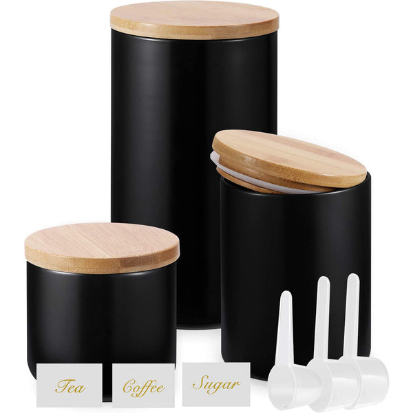 Kitchen Canisters with Bamboo Lids - Airtight Ceramic Canister Set, (Black, Set of 3)