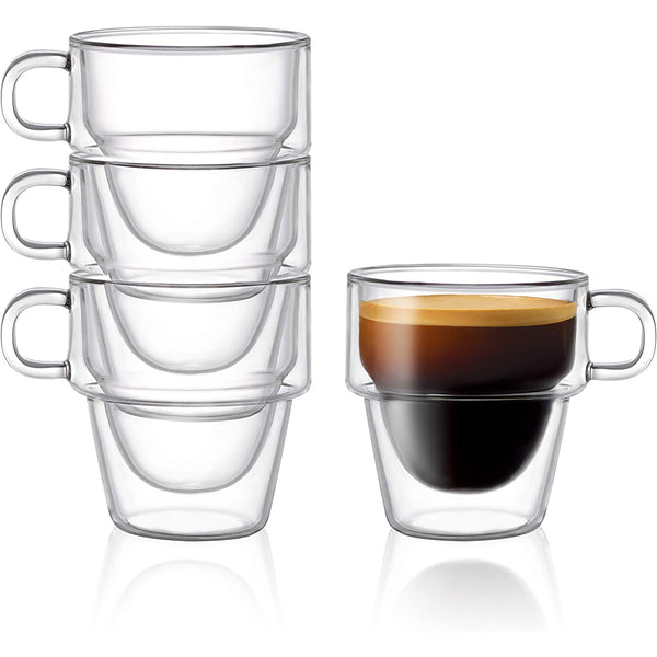 Double Wall Insulated Espresso Glass Cups – 5 oz. (150 ml) Espresso Shot Glass Cup with Handle – Set of 4