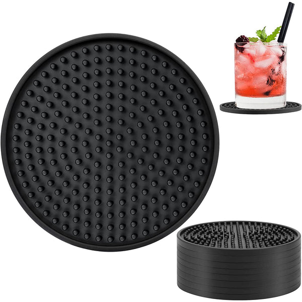 Coasters for Drinks - Silicone Coasters Set - Cup Mat - Deep Grooved - Black (8 Pack)