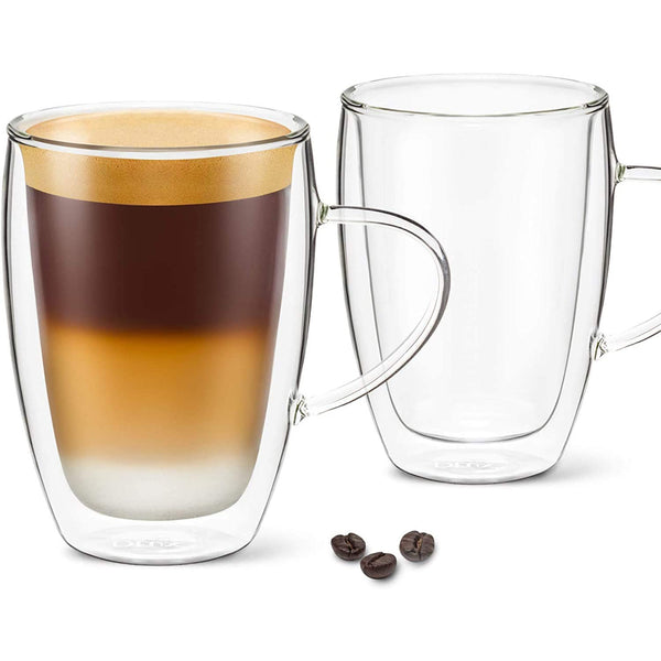 Coffee Mugs, 12oz Latte Clear Glass Set of 2 Cups with Handles, Double Wall Insulated Borosilicate Glassware Cup