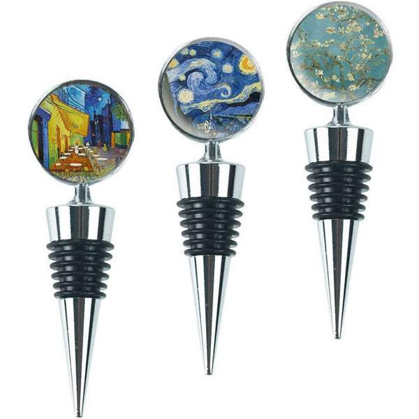 Wine Bottle Stoppers, Set of 3 Stainless Steel Wine Stoppers For Gifts, Bar, Holiday Party, Wedding (3-Van Gogh)