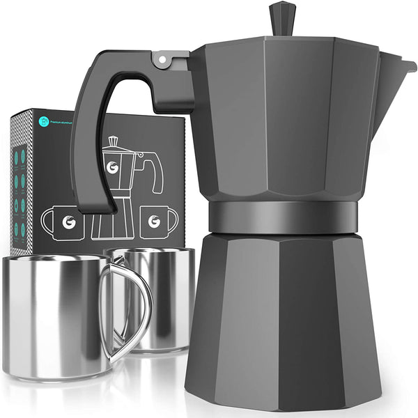 Moka Pot - 6 Cup, Stovetop Espresso Maker -  Matte Grey Aluminum