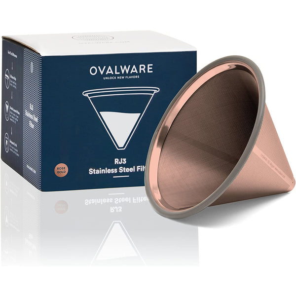 Paperless Stainless Steel Pour Over Coffee Filter – Reusable and Permanent Coffee Cone Dripper for Ovalware, Chemex, Hario and Other Carafes (Titanium Rose Gold)