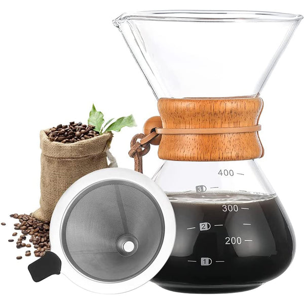 Pour Over Coffee Maker - Paperless Glass Carafe with Stainless Steel Filter